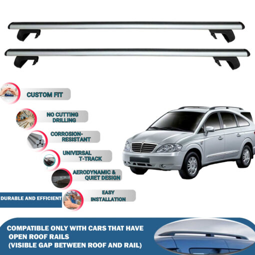 Roof Rack Cross Bars Compatible with Ssangyong Rodius 2004-2013, Fits Raised Roof Rails with Gap to Car Roof, Ideal Rail Carrier for Roof Tents, 2-Piece Silver