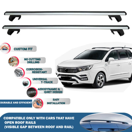 Roof Rack Cross Bars Compatible with Ssangyong Rodius 2012-2019, Fits Raised Roof Rails with Gap to Car Roof, Ideal Rail Carrier for Roof Tents, 2-Piece Silver