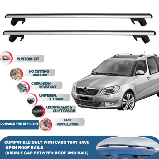 Roof Rack Cross Bars Compatible with Skoda Roomster 2006-2015, Fits Raised Roof Rails with Gap to Car Roof, Ideal Rail Carrier for Roof Tents, 2-Piece Silver