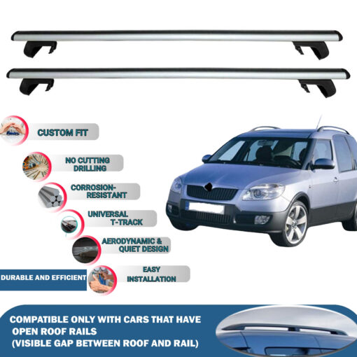 Roof Rack Cross Bars Compatible with Skoda Roomster Scout 2007-2015, Fits Raised Roof Rails with Gap to Car Roof, Ideal Rail Carrier for Roof Tents, 2-Piece Silver