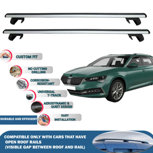 Roof Rack Cross Bars Compatible with Skoda Suberb Combi/SW 2015-2023, Fits Raised Roof Rails with Gap to Car Roof, Ideal Rail Carrier for Roof Tents, 2-Piece Silver