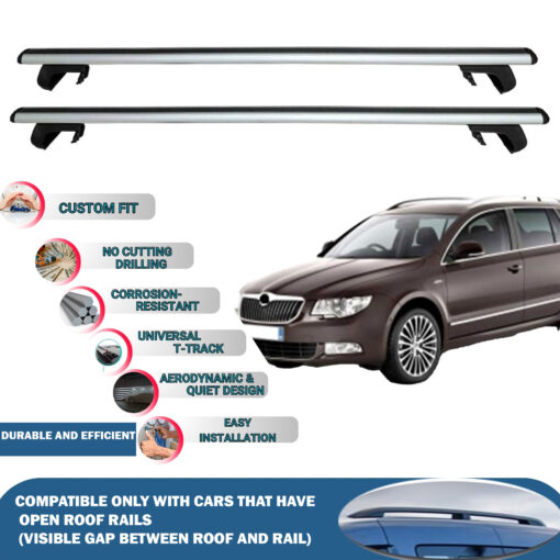 Roof Rack Cross Bars Compatible with Skoda Superb B6 Combi/Wagon 2010-2015, Fits Raised Roof Rails with Gap to Car Roof, Ideal Rail Carrier for Roof Tents, 2-Piece Silver