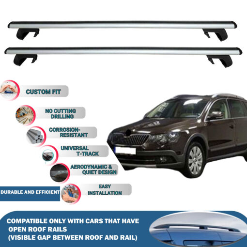 Roof Rack Cross Bars Compatible with Skoda Superb Alldrive 2012-2015, Fits Raised Roof Rails with Gap to Car Roof, Ideal Rail Carrier for Roof Tents, 2-Piece Silver