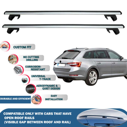 Roof Rack Cross Bars Compatible with Skoda Superb B8 Combi/Wagon 2016-2023, Fits Raised Roof Rails with Gap to Car Roof, Ideal Rail Carrier for Roof Tents, 2-Piece Silver