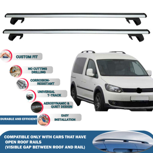 Roof Rack Cross Bars Compatible with Volkswagen Caddy 2003-2015, Fits Raised Roof Rails with Gap to Car Roof, Ideal Rail Carrier for Roof Tents, 4-Piece Silver - Image 2