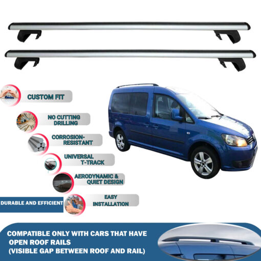 Roof Rack Cross Bars Compatible with Volkswagen Caddy Maxi 2007-2015, Fits Raised Roof Rails with Gap to Car Roof, Ideal Rail Carrier for Roof Tents, 2-Piece Silver