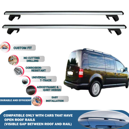 Roof Rack Cross Bars Compatible with Volkswagen Caddy Maxi Life 5D 2007-2015, Fits Raised Roof Rails with Gap to Car Roof, Ideal Rail Carrier for Roof Tents, 4-Piece Silver - Image 2