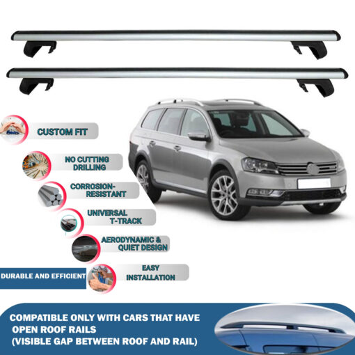 Roof Rack Cross Bars Compatible with Volkswagen Passat Alltrack B7 2012-2015, Fits Raised Roof Rails with Gap to Car Roof, Ideal Rail Carrier for Roof Tents, 2-Piece Silver