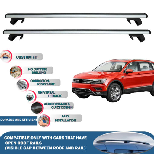 Roof Rack Cross Bars Compatible with Volkswagen Tiguan 2016-2023, Fits Raised Roof Rails with Gap to Car Roof, Ideal Rail Carrier for Roof Tents, 2-Piece Silver