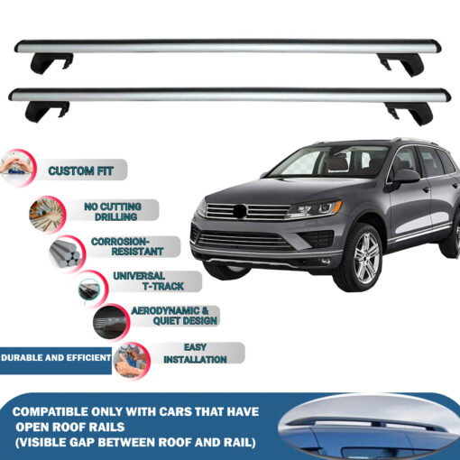 Roof Rack Cross Bars Compatible with Volkswagen Touareg 2010-2018, Fits Raised Roof Rails with Gap to Car Roof, Ideal Rail Carrier for Roof Tents, 2-Piece Silver