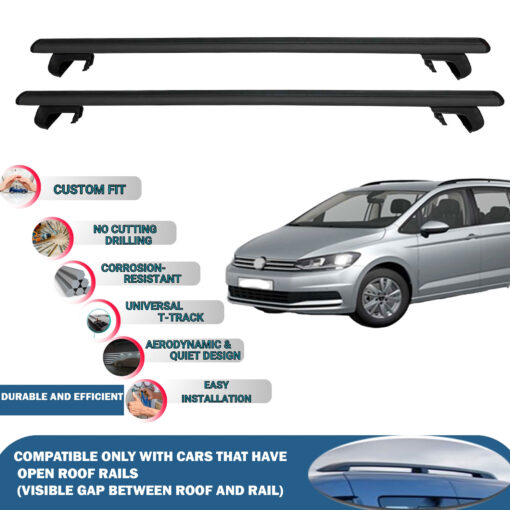 Roof Rack Cross Bars Compatible with Volkswagen Touran 2016-2023, Fits Raised Roof Rails with Gap to Car Roof, Ideal Rail Carrier for Roof Tents, 2-Piece Black