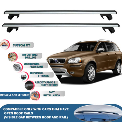 Roof Rack Cross Bars Compatible with Volvo Xc90 2003-2014, Fits Raised Roof Rails with Gap to Car Roof, Ideal Rail Carrier for Roof Tents, 2-Piece Silver