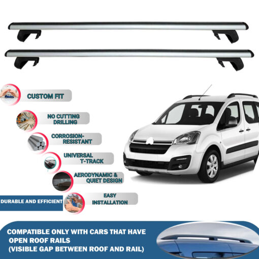 Roof Rack Cross Bars Compatible with Citroen Berlingo 2008-2018, Fits Raised Roof Rails with Gap to Car Roof, Ideal Rail Carrier for Roof Tents, 2-Piece Silver