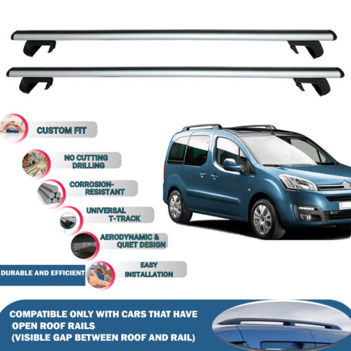 Roof Rack Cross Bars Compatible with Citroen Berlingo Multispace 5D 2008-2018, Fits Raised Roof Rails with Gap to Car Roof, Ideal Rail Carrier for Roof Tents, 2-Piece Silver