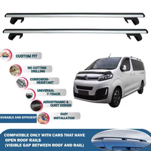 Roof Rack Cross Bars Compatible with Citroen Jumpy/Space Tourer 2017-2023, Fits Raised Roof Rails with Gap to Car Roof, Ideal Rail Carrier for Roof Tents, 2-Piece Silver