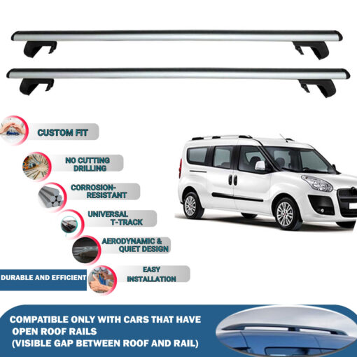 Roof Rack Cross Bars Compatible with Fiat Doblo 2010-2023, Fits Raised Roof Rails with Gap to Car Roof, Ideal Rail Carrier for Roof Tents, 2-Piece Silver