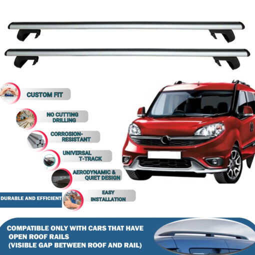 Roof Rack Cross Bars Compatible with Fiat Doblo 5D Swb Standard Roof 2010-2023, Fits Raised Roof Rails with Gap to Car Roof, Ideal Rail Carrier for Roof Tents, 2-Piece Silver