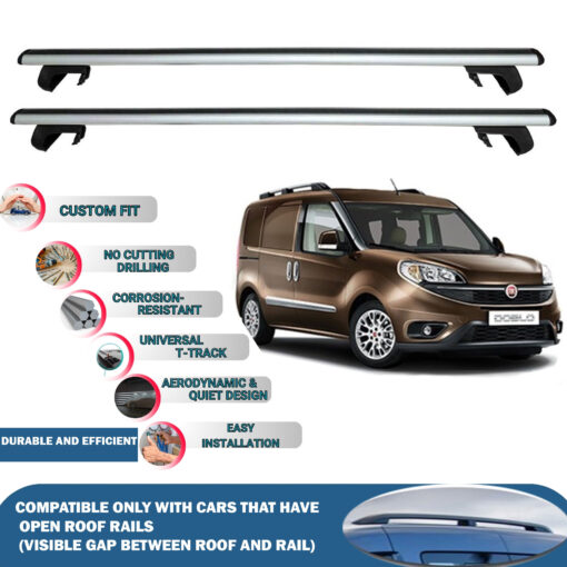 Roof Rack Cross Bars Compatible with Fiat Doblo Cargo 2010-2023, Fits Raised Roof Rails with Gap to Car Roof, Ideal Rail Carrier for Roof Tents, 2-Piece Silver