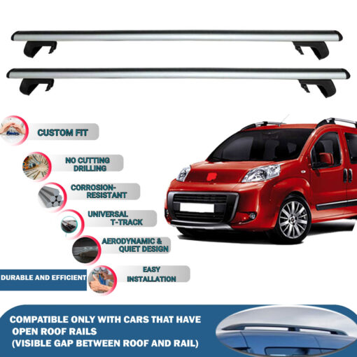 Roof Rack Cross Bars Compatible with Fiat Fiorino/Qubo 2007-2023, Fits Raised Roof Rails with Gap to Car Roof, Ideal Rail Carrier for Roof Tents, 2-Piece Silver