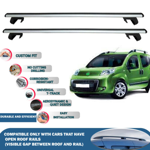 Roof Rack Cross Bars Compatible with Fiat Qubo 5D 2008-2023, Fits Raised Roof Rails with Gap to Car Roof, Ideal Rail Carrier for Roof Tents, 2-Piece Silver