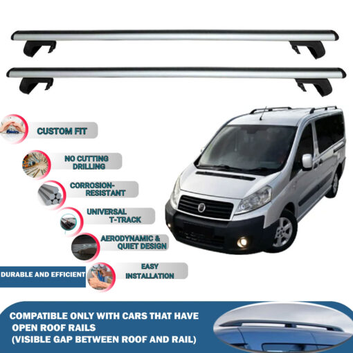 Roof Rack Cross Bars Compatible with Fiat Scudo 2007-2016, Fits Raised Roof Rails with Gap to Car Roof, Ideal Rail Carrier for Roof Tents, 2-Piece Silver