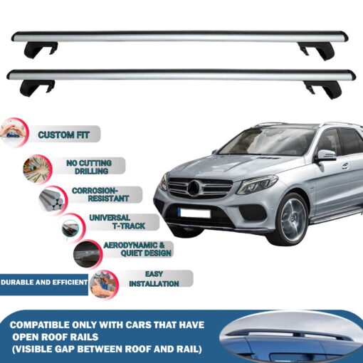 Roof Rack Cross Bars Compatible with Mercedes-Benz GLE 2011-2019, Fits Raised Roof Rails with Gap to Car Roof, Ideal Rail Carrier for Roof Tents, 2-Piece Silver