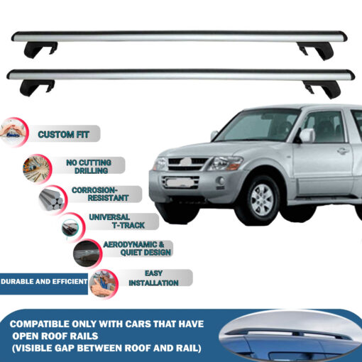 Roof Rack Cross Bars Compatible with Mitsubishi Montero 1999–2006, Fits Raised Roof Rails with Gap to Car Roof, Ideal Rail Carrier for Roof Tents, 2-Piece Silver