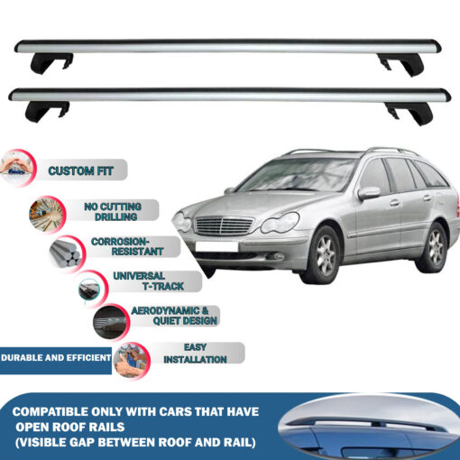 Roof Rack Cross Bars Compatible with Mercedes Benz C Class S203 SW 2000-2007, Fits Raised Roof Rails with Gap to Car Roof, Ideal Rail Carrier for Roof Tents, 2-Piece Silver