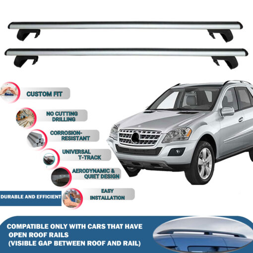 Roof Rack Cross Bars Compatible with Mercedes W164 Suv 2005-2011, Fits Raised Roof Rails with Gap to Car Roof, Ideal Rail Carrier for Roof Tents, 2-Piece Silver