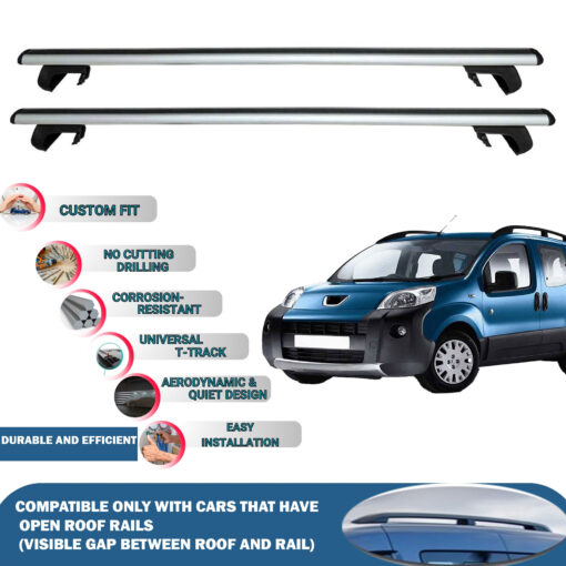 Roof Rack Cross Bars Compatible with Peugeot Bipper 2008-2017, Fits Raised Roof Rails with Gap to Car Roof, Ideal Rail Carrier for Roof Tents, 2-Piece Silver