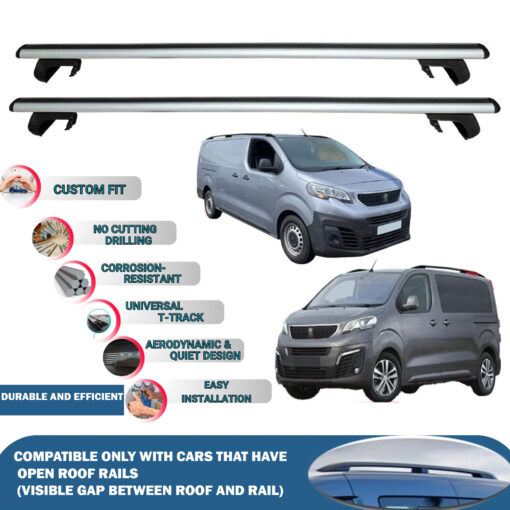 Roof Rack Cross Bars Compatible with Peugeot Expert/Traveller Mpv/Van 2017-2023, Fits Raised Roof Rails with Gap to Car Roof, Ideal Rail Carrier for Roof Tents, 2-Piece Silver