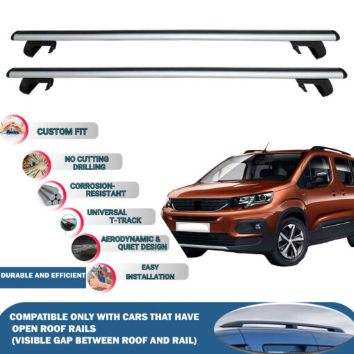 Roof Rack Cross Bars Compatible with Peugeot Rifter 2019-2023, Fits Raised Roof Rails with Gap to Car Roof, Ideal Rail Carrier for Roof Tents, 2-Piece Silver