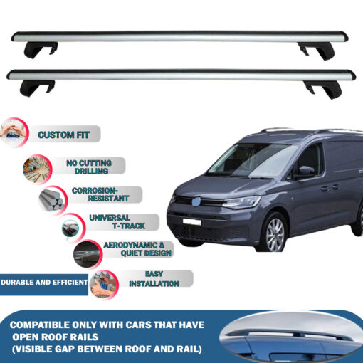 Roof Rack Cross Bars Compatible with Volkswagen Caddy Combi 2021-2023, Fits Raised Roof Rails with Gap to Car Roof, Ideal Rail Carrier for Roof Tents, 4-Piece Silver - Image 2