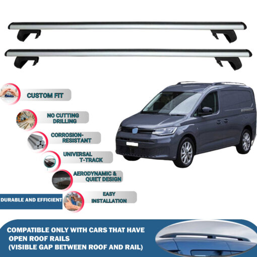 Roof Rack Cross Bars Compatible with Volkswagen Caddy Van 2021-2023, Fits Raised Roof Rails with Gap to Car Roof, Ideal Rail Carrier for Roof Tents, 2-Piece Silver