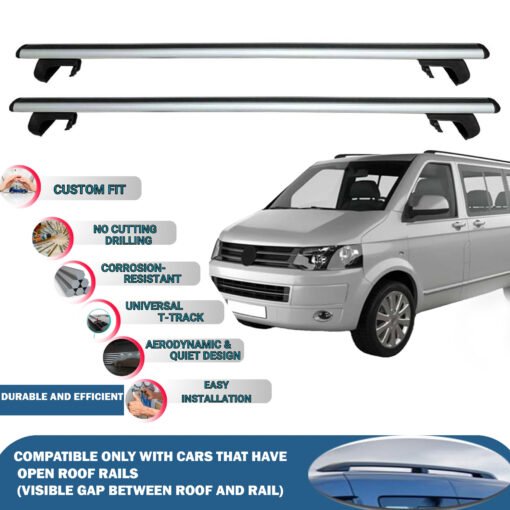 Roof Rack Cross Bars Compatible with Volkswagen T5 Caravelle 2003-2015, Fits Raised Roof Rails with Gap to Car Roof, Ideal Rail Carrier for Roof Tents, 2-Piece Silver