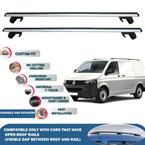 Roof Rack Cross Bars Compatible with Volkswagen T5 Transporter Cargo 2003-2015, Fits Raised Roof Rails with Gap to Car Roof, Ideal Rail Carrier for Roof Tents, 4-Piece Silver - Image 2