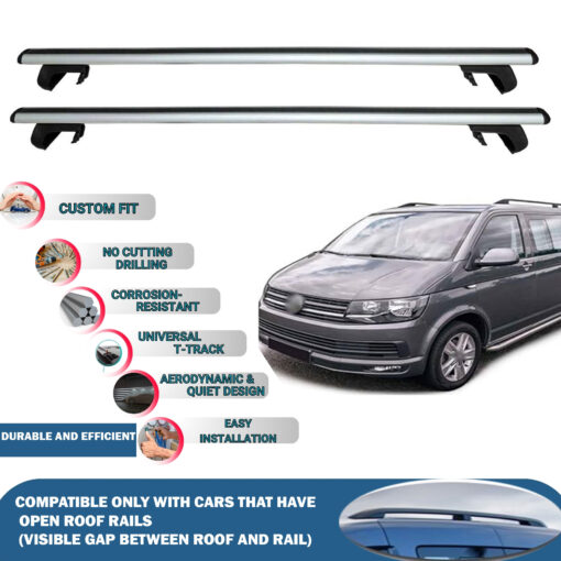 Roof Rack Cross Bars Compatible with Volkswagen T5 Transporter 2003-2015, Fits Raised Roof Rails with Gap to Car Roof, Ideal Rail Carrier for Roof Tents, 4-Piece Silver - Image 2