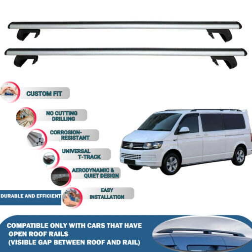 Roof Rack Cross Bars Compatible with Volkswagen T6 Caravelle 2015-2024, Fits Raised Roof Rails with Gap to Car Roof, Ideal Rail Carrier for Roof Tents, 2-Piece Silver