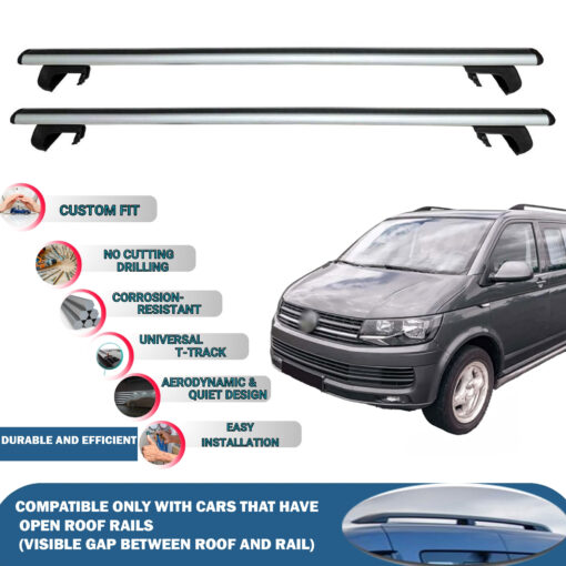 Roof Rack Cross Bars Compatible with Volkswagen T6 Transporter 2015-2023, Fits Raised Roof Rails with Gap to Car Roof, Ideal Rail Carrier for Roof Tents, 4-Piece Silver - Image 2