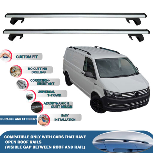 Roof Rack Cross Bars Compatible with Volkswagen T6 Transporter Van 2015-2023, Fits Raised Roof Rails with Gap to Car Roof, Ideal Rail Carrier for Roof Tents, 4-Piece Silver - Image 2