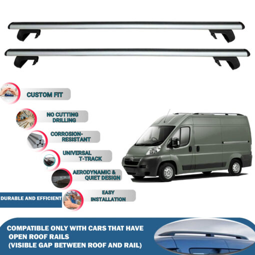 Roof Rack Cross Bars Compatible with Citroen Jumper 2006-2024, Fits Raised Roof Rails with Gap to Car Roof, Ideal Rail Carrier for Roof Tents, 2-Piece Silver