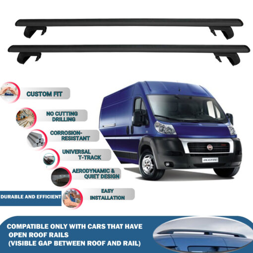 Roof Rack Cross Bars Compatible with Fiat Ducato 2006-2014, Fits Raised Roof Rails with Gap to Car Roof, Ideal Rail Carrier for Roof Tents, 2-Piece Black