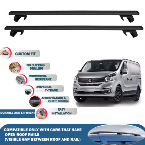 Roof Rack Cross Bars Compatible with Fiat Talento Van 2016-2021, Fits Raised Roof Rails with Gap to Car Roof, Ideal Rail Carrier for Roof Tents, 2-Piece Black