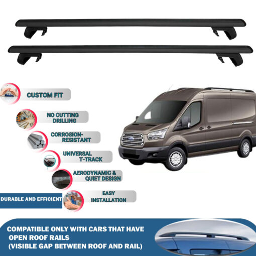 Roof Rack Cross Bars Compatible with Ford Transit And Van 2014-2024, Fits Raised Roof Rails with Gap to Car Roof, Ideal Rail Carrier for Roof Tents, 2-Piece Black