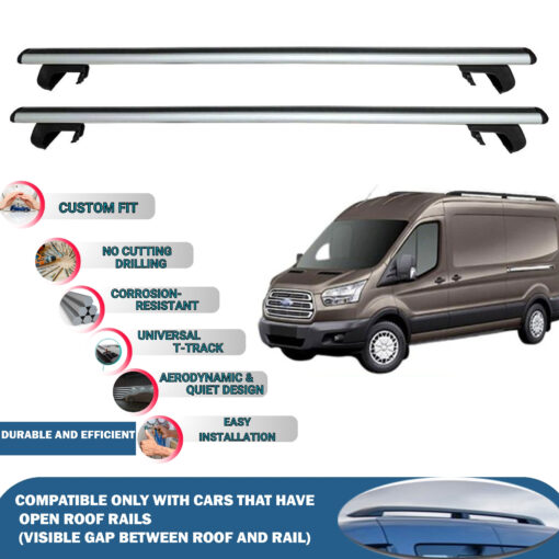 Roof Rack Cross Bars Compatible with Ford Transit And Van 2014-2024, Fits Raised Roof Rails with Gap to Car Roof, Ideal Rail Carrier for Roof Tents, 2-Piece Silver