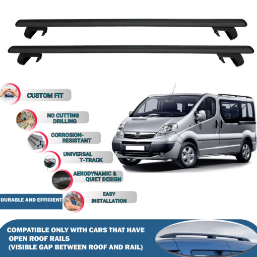 Roof Rack Cross Bars Compatible with Opel Vivaro 2001-2014, Fits Raised Roof Rails with Gap to Car Roof, Ideal Rail Carrier for Roof Tents, 2-Piece Black