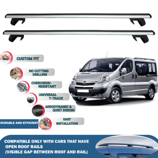 Roof Rack Cross Bars Compatible with Opel Vivaro 2001-2014, Fits Raised Roof Rails with Gap to Car Roof, Ideal Rail Carrier for Roof Tents, 4-Piece Silver - Image 2