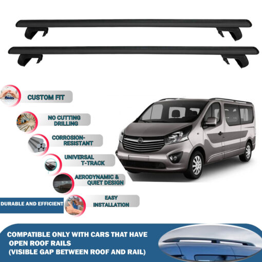 Roof Rack Cross Bars Compatible with Opel Vivaro 2014-2019, Fits Raised Roof Rails with Gap to Car Roof, Ideal Rail Carrier for Roof Tents, 2-Piece Black