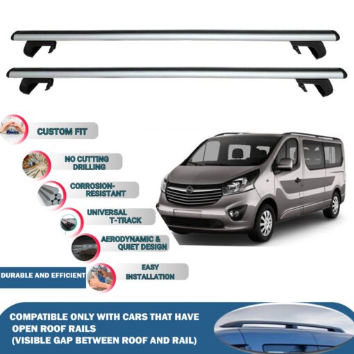 Roof Rack Cross Bars Compatible with Opel Vivaro 2014-2019, Fits Raised Roof Rails with Gap to Car Roof, Ideal Rail Carrier for Roof Tents, 2-Piece Silver