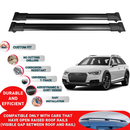 Roof Rack Cross Bars for Audi A4 B9 Allroad Estate 2016-2023 ; Compatible with Raised Roof Rails and Roof Bars - 2 Pcs Aluminum Rail Carrier (Black) - Image 2